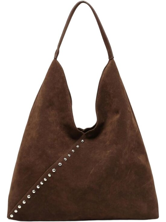 Handbags - Women's Vintage Faux Suede Shoulder Bags Studded Large Capacity Commuter Tote Ba